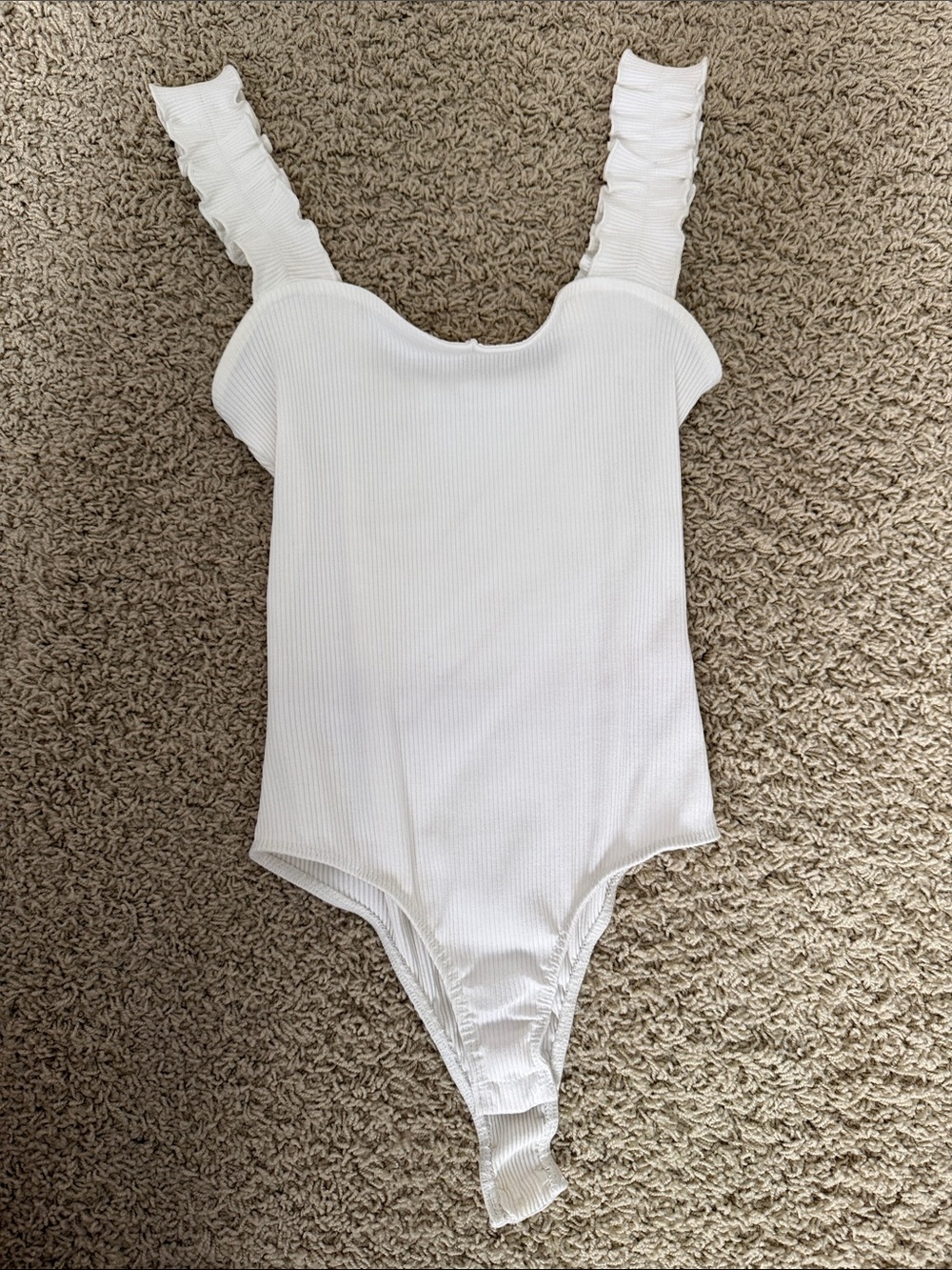 Women’s White Ribbed One-Piece Bodysuit with Ruffle Straps